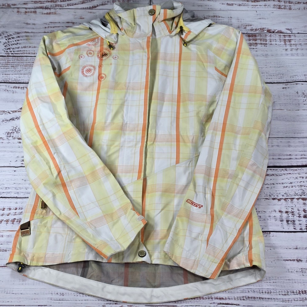 Scott Rain Jacket Kids Size 4-6 Yellow Orange Plaid Excellent Removable Hood